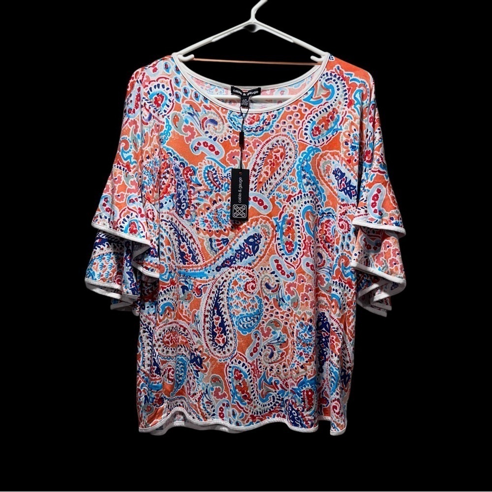 Cable & Gauge 3/4 Ruffle Bell Short Sleeve Blouse Paisley White Hem Large NWT - Picture 12 of 15